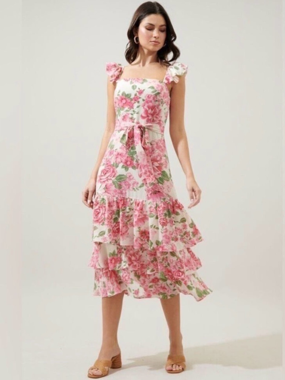 Sugarlips Truth Be Told Guayana Floral Belted Ruffle Tiered Midi Dress